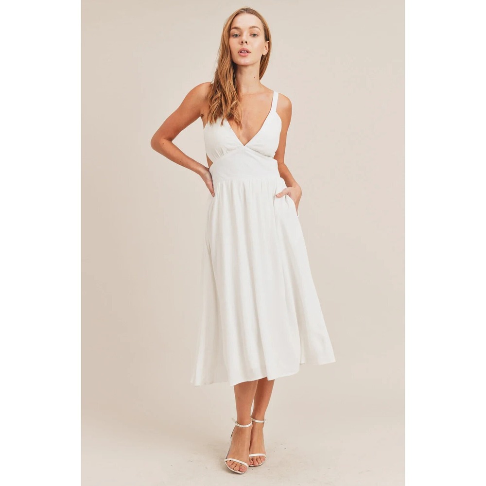 Lulus White Midi Dress‎ Sz XS Tie Back Summer Graduation Party Wedding NEW